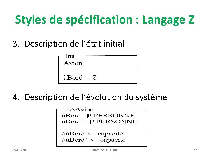 Styles de spécification : Langage Z 3. Description de l’état initial 4. Description de