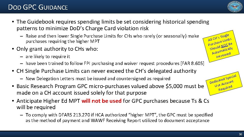 DOD GPC GUIDANCE • The Guidebook requires spending limits be set considering historical spending