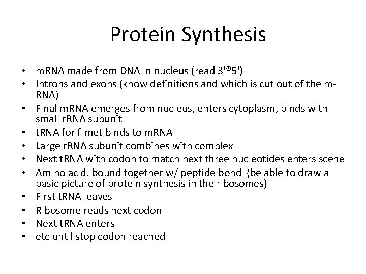  Protein Synthesis • m. RNA made from DNA in nucleus (read 3'® 5')