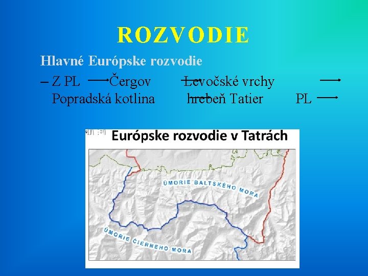 ROZVODIE Hlavné Európske rozvodie – Z PL Čergov Levočské vrchy Popradská kotlina hrebeň Tatier