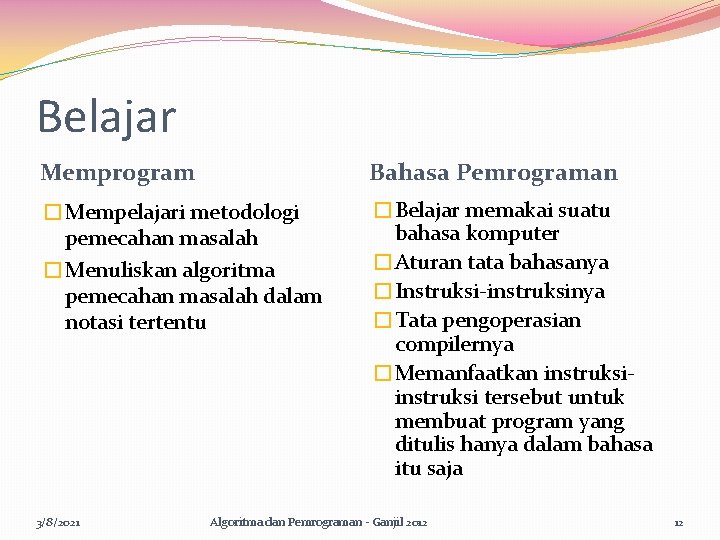 Belajar Memprogram Bahasa Pemrograman �Mempelajari metodologi pemecahan masalah �Menuliskan algoritma pemecahan masalah dalam notasi