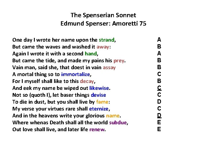 The Spenserian Sonnet Edmund Spenser: Amoretti 75 One day I wrote her name upon