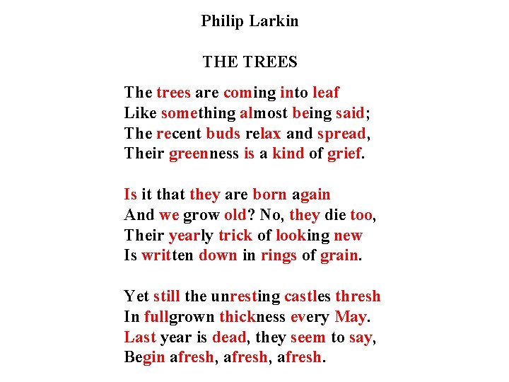 Philip Larkin THE TREES The trees are coming into leaf Like something almost being