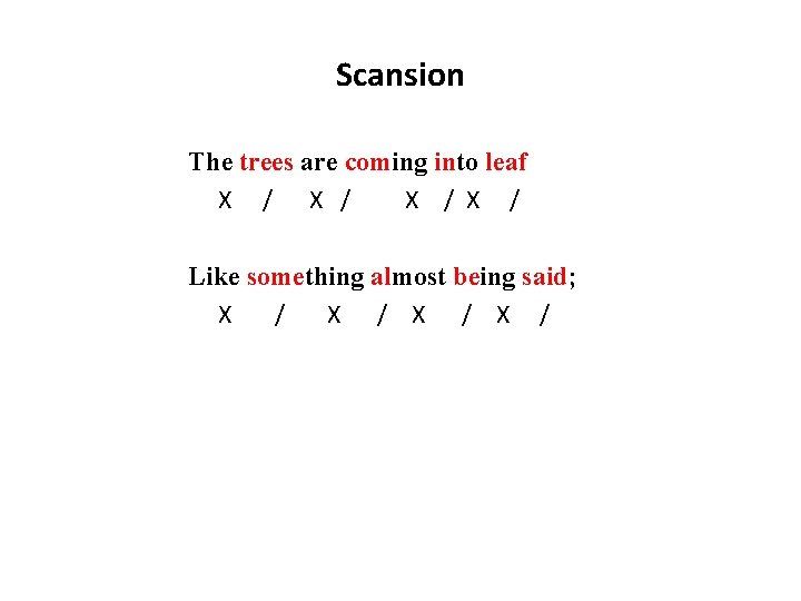 Scansion The trees are coming into leaf X / X / Like something almost