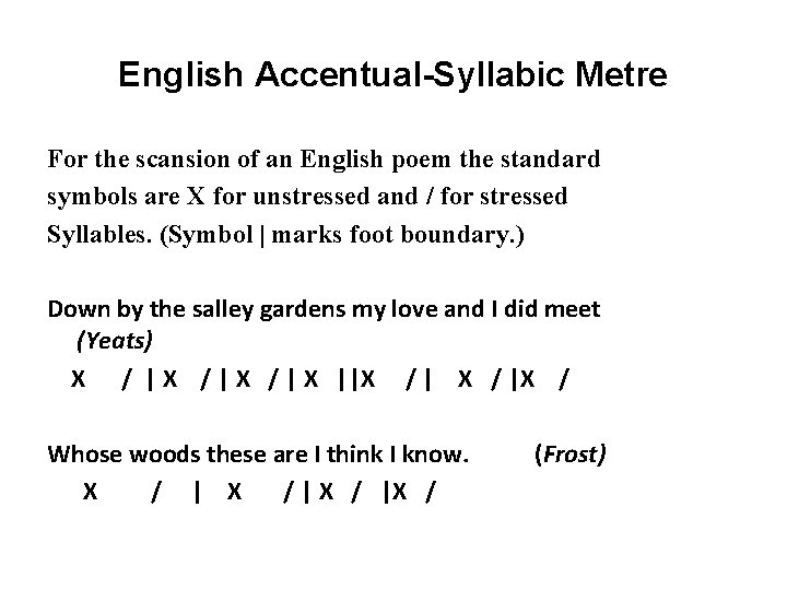 English Accentual-Syllabic Metre For the scansion of an English poem the standard symbols are