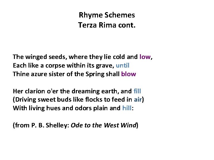 Rhyme Schemes Terza Rima cont. The winged seeds, where they lie cold and low,