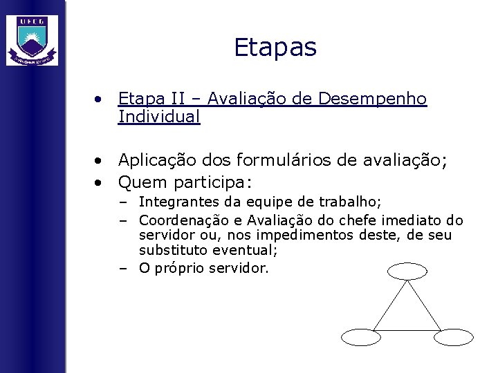 Etapas • Etapa II – Avaliação de Desempenho Individual • Aplicação dos formulários de