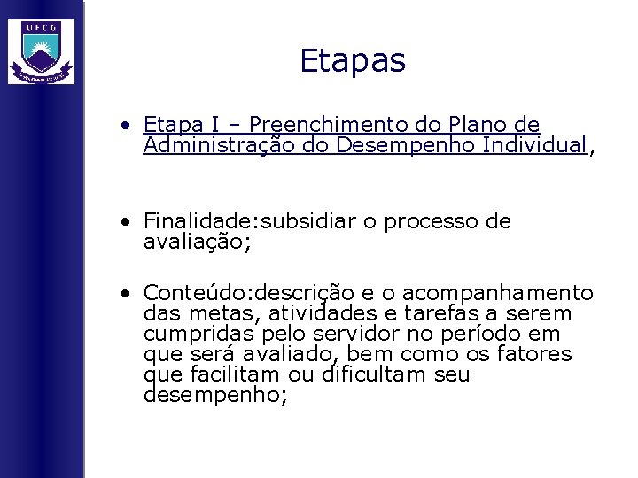 Etapas • Etapa I – Preenchimento do Plano de Administração do Desempenho Individual, •