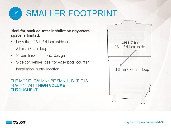 SMALLER FOOTPRINT Ideal for back counter installation anywhere space is limited: • Less than SMALLER FOOTPRINT Ideal for back counter installation anywhere space is limited: • Less than