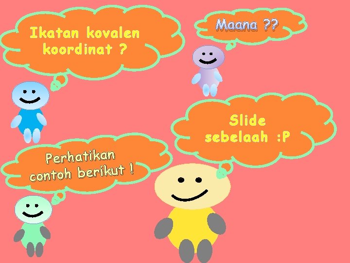 Ikatan kovalen koordinat ? Perhatikan ! contoh berikut Maana ? ? Slide sebelaah :