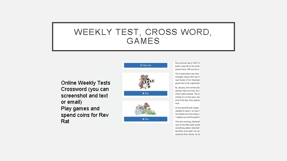 WEEKLY TEST, CROSS WORD, GAMES Online Weekly Tests Crossword (you can screenshot and text