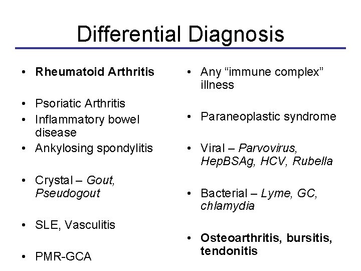 Differential Diagnosis • Rheumatoid Arthritis • Psoriatic Arthritis • Inflammatory bowel disease • Ankylosing