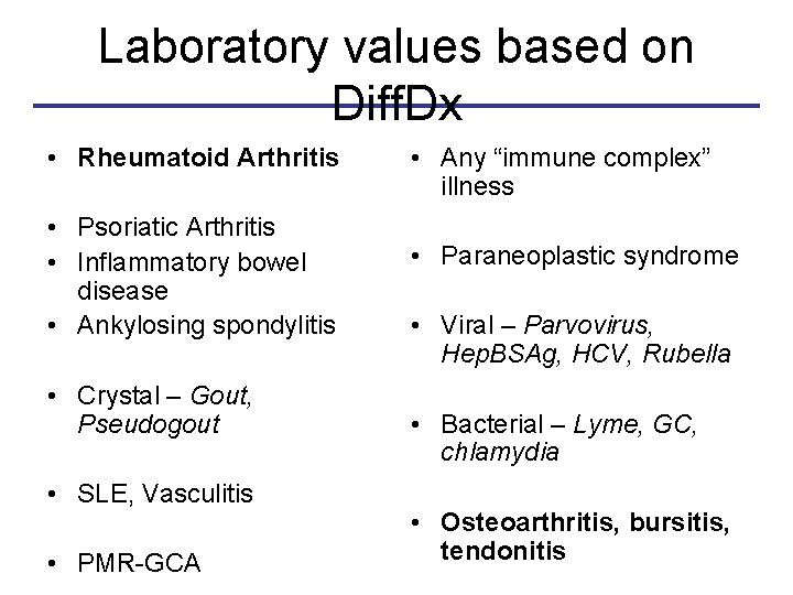 Laboratory values based on Diff. Dx • Rheumatoid Arthritis • Psoriatic Arthritis • Inflammatory