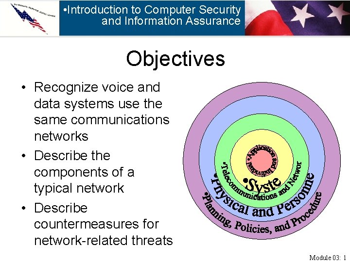  • Introduction to Computer Security and Information Assurance Objectives • Recognize voice and