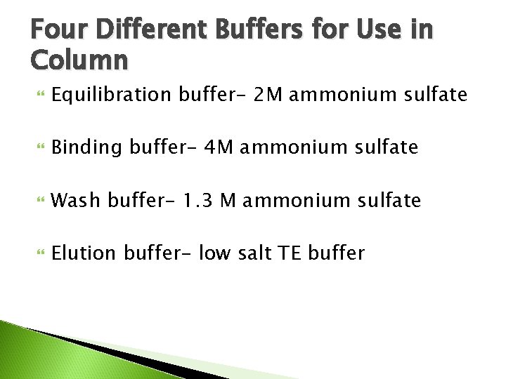 Four Different Buffers for Use in Column Equilibration buffer- 2 M ammonium sulfate Binding