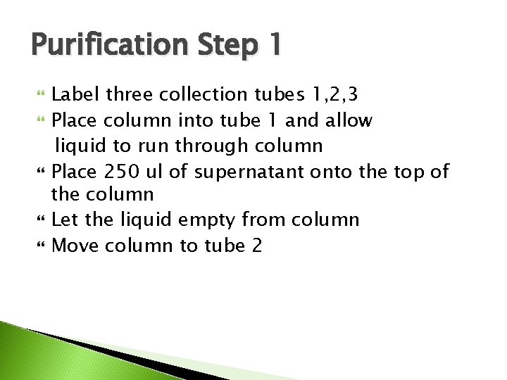 Purification Step 1 Label three collection tubes 1, 2, 3 Place column into tube