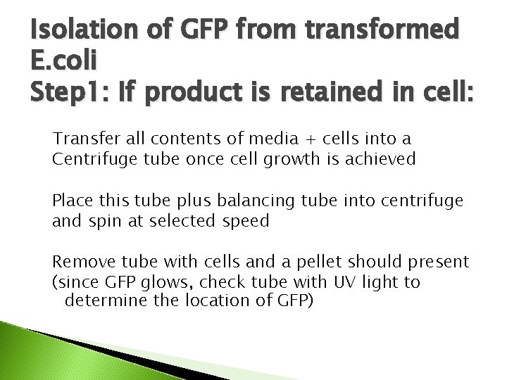 Isolation of GFP from transformed E. coli Step 1: If product is retained in