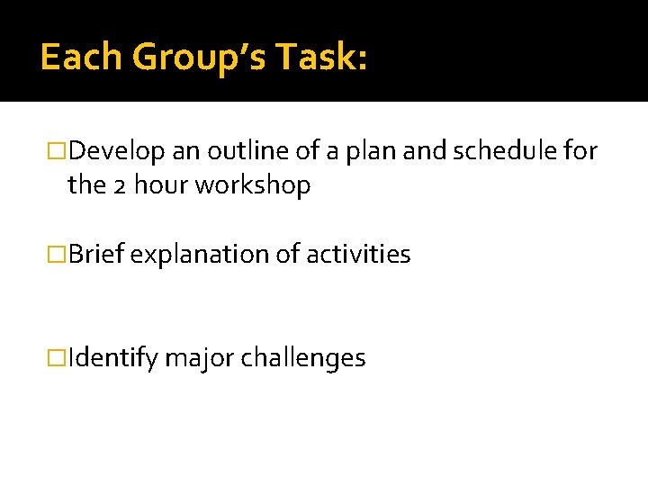 Each Group’s Task: �Develop an outline of a plan and schedule for the 2
