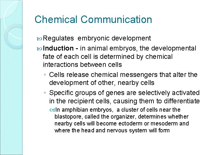 Chemical Communication Regulates embryonic development Induction - in animal embryos, the developmental fate of