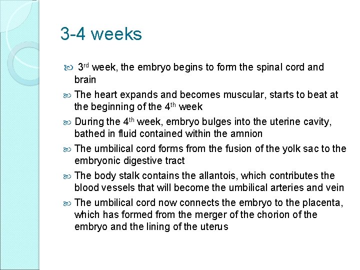 3 -4 weeks 3 rd week, the embryo begins to form the spinal cord