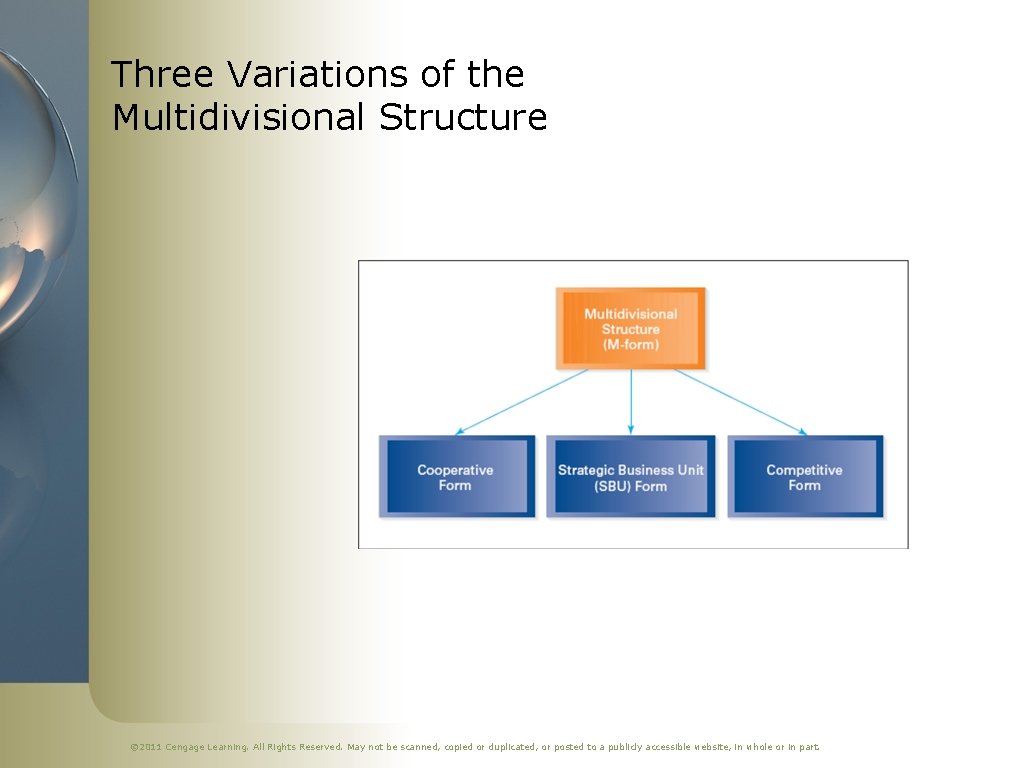 Three Variations of the Multidivisional Structure © 2011 Cengage Learning. All Rights Reserved. May