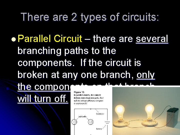 There are 2 types of circuits: l Parallel Circuit – there are several branching