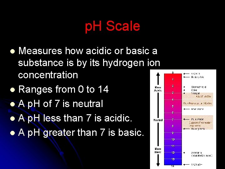 p. H Scale Measures how acidic or basic a substance is by its hydrogen