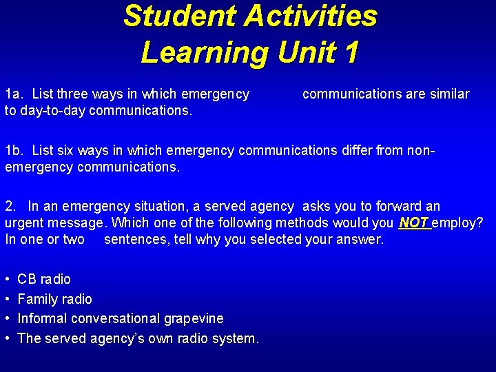 Student Activities Learning Unit 1 1 a. List three ways in which emergency to