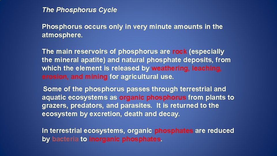 The Phosphorus Cycle Phosphorus occurs only in very minute amounts in the atmosphere. The