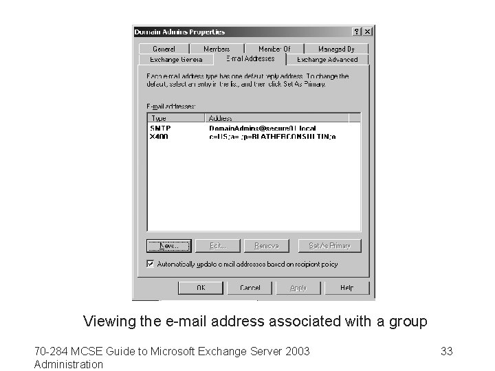 Viewing the e-mail address associated with a group 70 -284 MCSE Guide to Microsoft