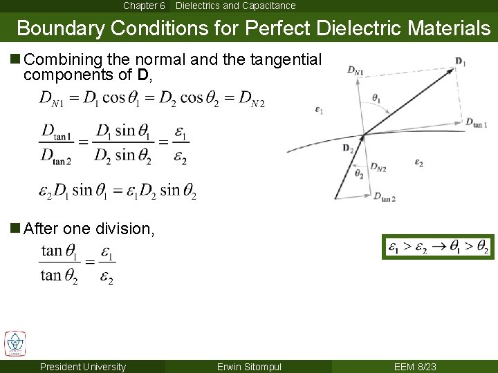 Chapter 6 Dielectrics and Capacitance Boundary Conditions for Perfect Dielectric Materials n Combining the Chapter 6 Dielectrics and Capacitance Boundary Conditions for Perfect Dielectric Materials n Combining the