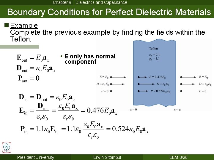 Chapter 6 Dielectrics and Capacitance Boundary Conditions for Perfect Dielectric Materials n Example Complete Chapter 6 Dielectrics and Capacitance Boundary Conditions for Perfect Dielectric Materials n Example Complete