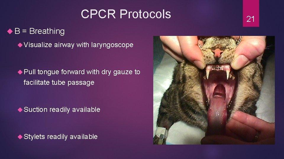 CPCR Protocols B = Breathing Visualize airway with laryngoscope Pull tongue forward with dry CPCR Protocols B = Breathing Visualize airway with laryngoscope Pull tongue forward with dry