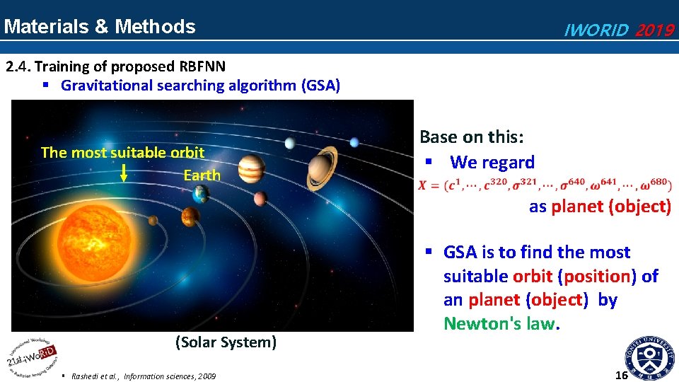 Materials & Methods IWORID 2019 2. 4. Training of proposed RBFNN § Gravitational searching