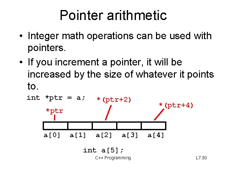 Pointer arithmetic • Integer math operations can be used with pointers. • If you