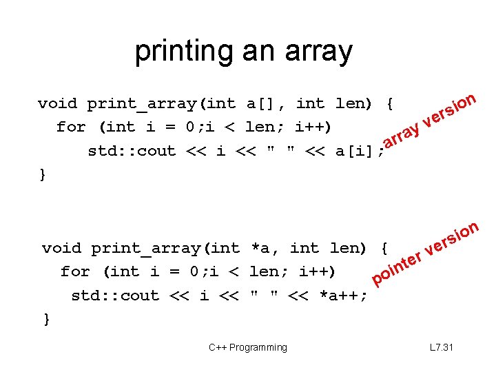 printing an array n void print_array(int a[], int len) { o i rs e