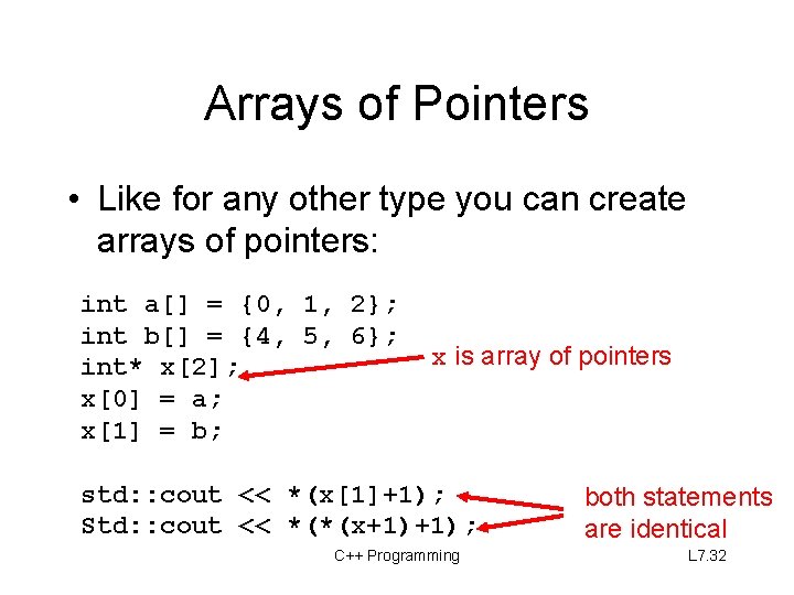 Arrays of Pointers • Like for any other type you can create arrays of