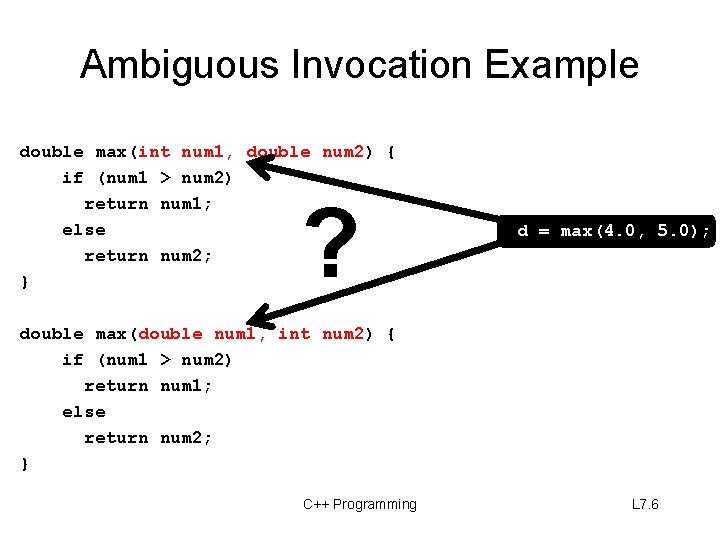 Ambiguous Invocation Example double max(int num 1, double num 2) { if (num 1