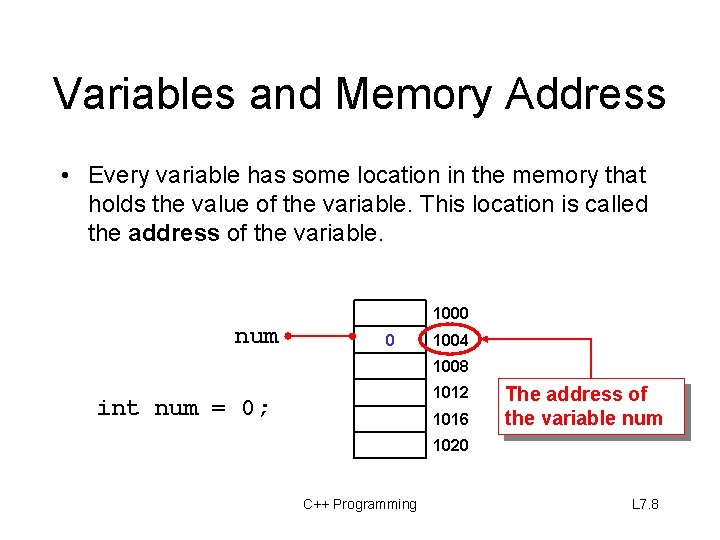 Variables and Memory Address • Every variable has some location in the memory that