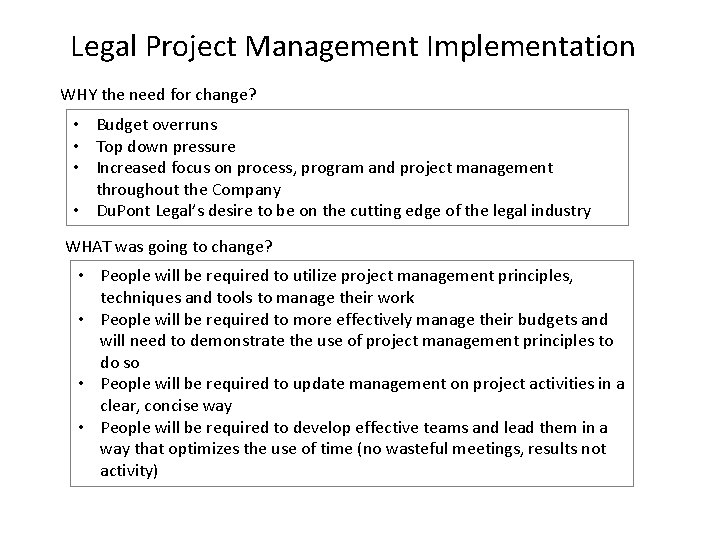 Legal Project Management Implementation WHY the need for change? • Budget overruns • Top Legal Project Management Implementation WHY the need for change? • Budget overruns • Top