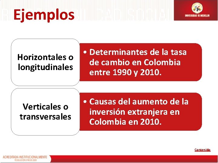 Ejemplos • Determinantes de la tasa Horizontales o de cambio en Colombia longitudinales entre