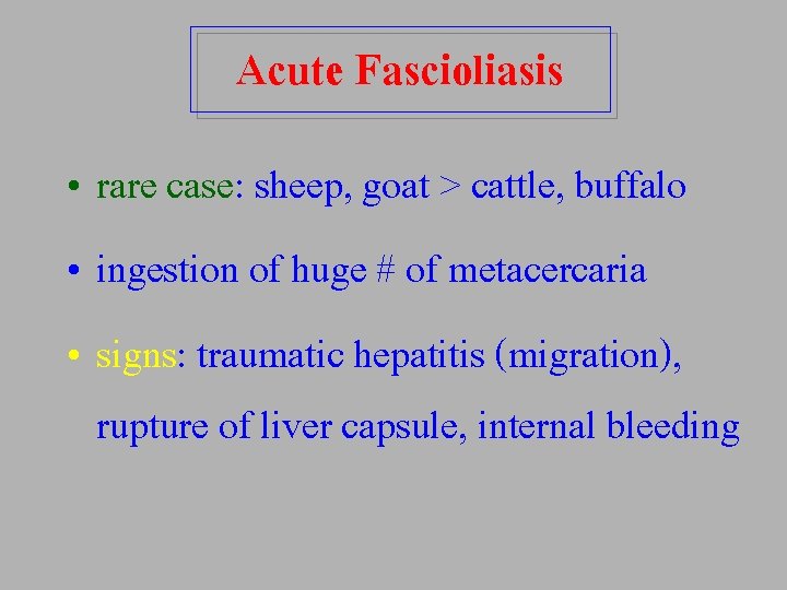 Acute Fascioliasis • rare case: sheep, goat > cattle, buffalo • ingestion of huge