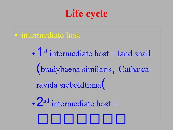 Life cycle • intermediate host st • 1 intermediate host = land snail (bradybaena