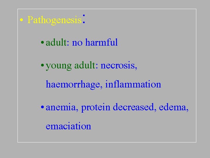  • Pathogenesis: • adult: no harmful • young adult: necrosis, haemorrhage, inflammation •