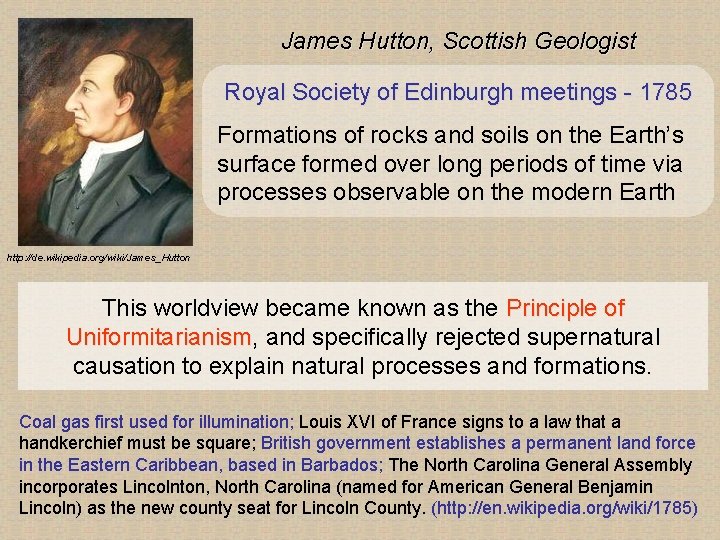 James Hutton, Scottish Geologist Royal Society of Edinburgh meetings - 1785 Formations of rocks