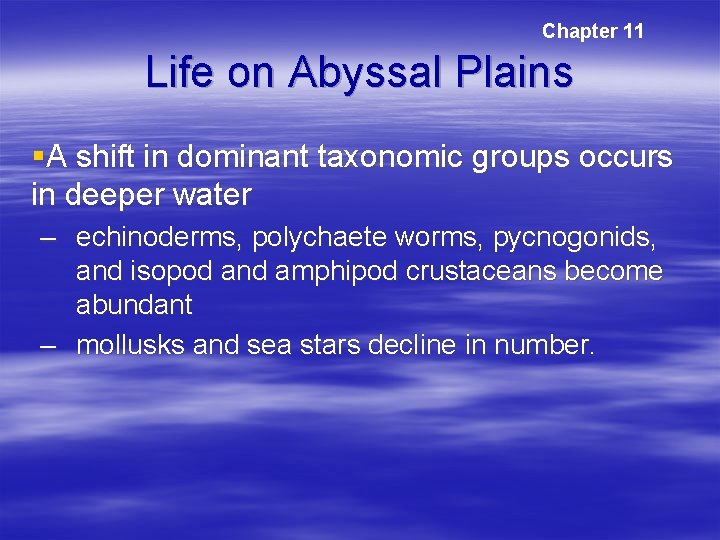 Chapter 11 Life on Abyssal Plains §A shift in dominant taxonomic groups occurs in Chapter 11 Life on Abyssal Plains §A shift in dominant taxonomic groups occurs in