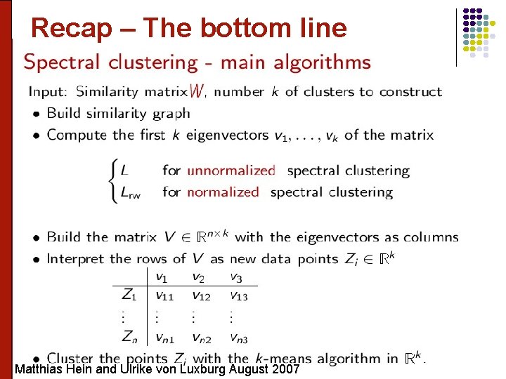 Recap – The bottom line 50 Matthias Hein and Ulrike von Luxburg August 2007