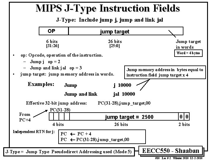 MIPS J-Type Instruction Fields J-Type: Include jump j, jump and link jal OP jump