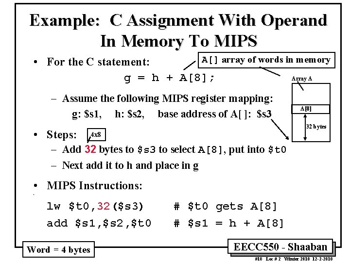 Example: C Assignment With Operand In Memory To MIPS A[] array of words in