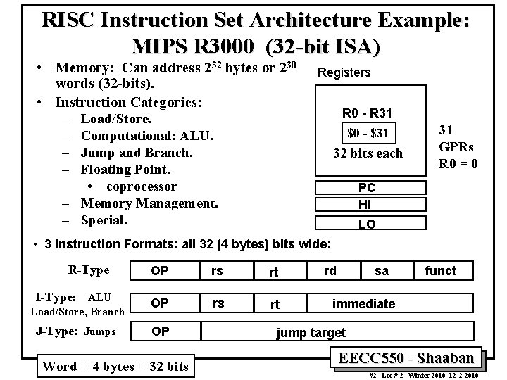 RISC Instruction Set Architecture Example: MIPS R 3000 (32 -bit ISA) • Memory: Can